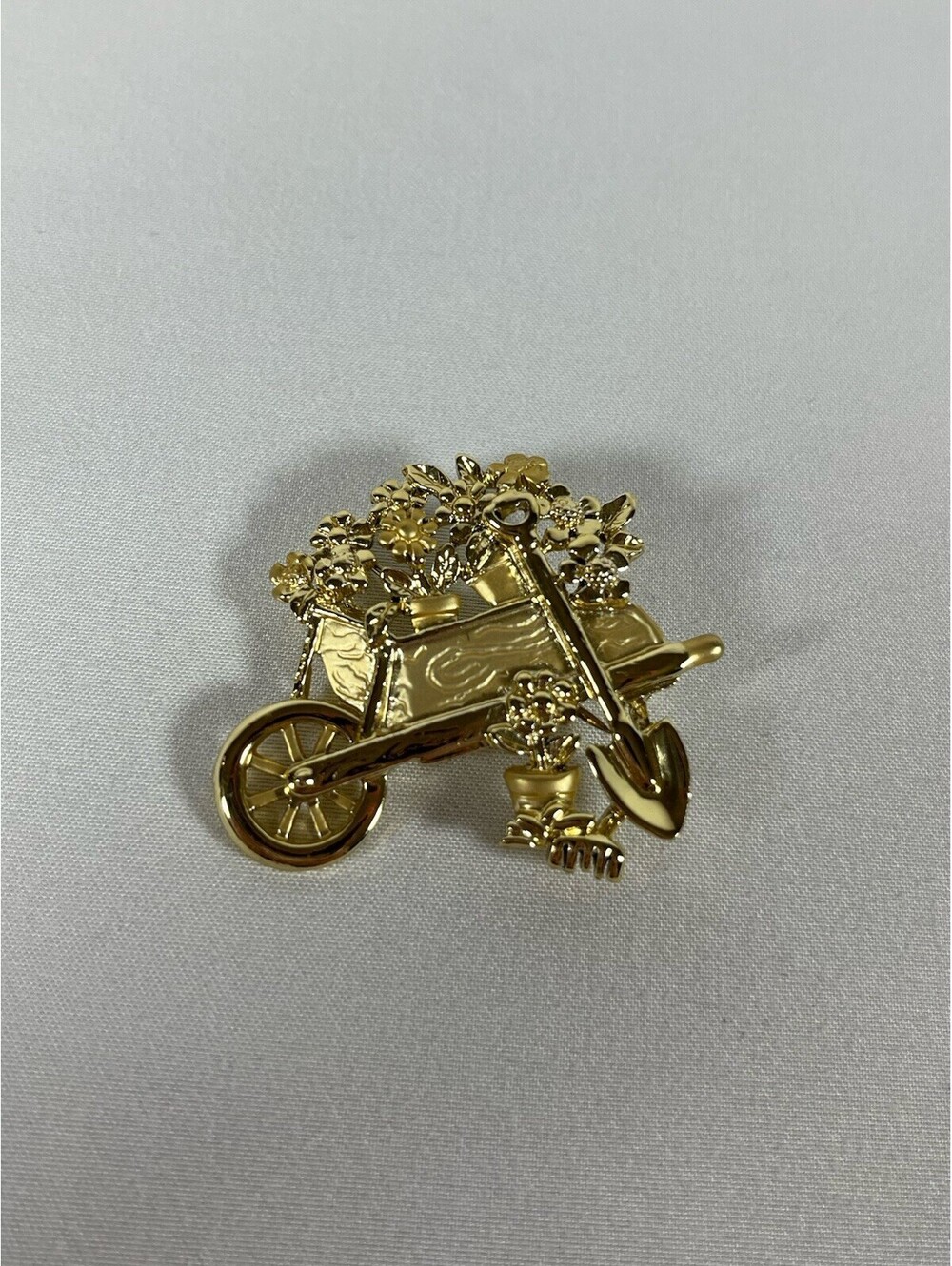Vintage AJC Flower Gardeners Wheel Barrow and Shovel Gold Tone Brooch Pin Signed